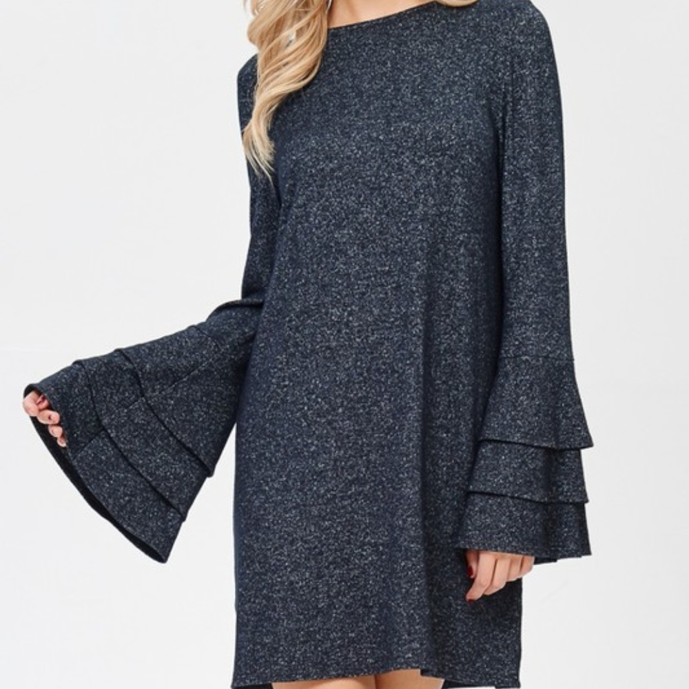 Navy Trumpet Bell Sleeve Shift Dress